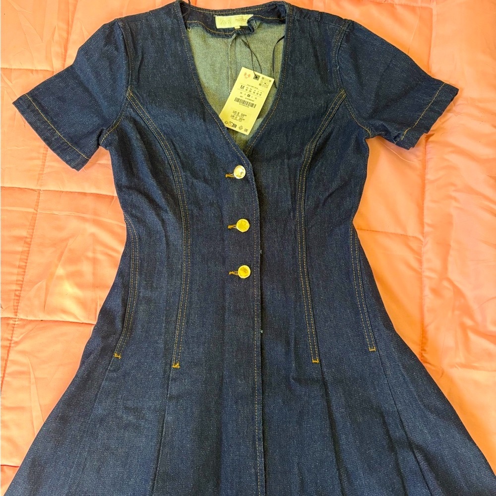 Zara Blue and Gold Buttoned Fit and Flare Dress